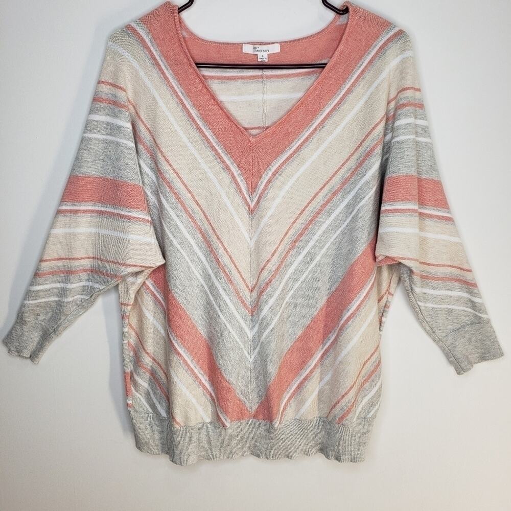 89TH and Madison Striped V Neck Light Weight Sweater